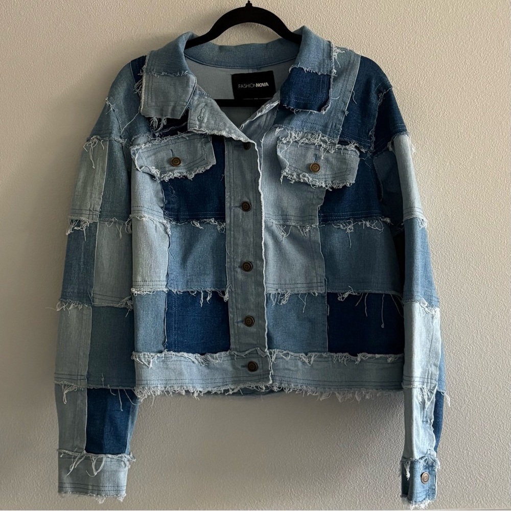 Fashion Nova Denim Patchwork Cropped Jacket (1X)